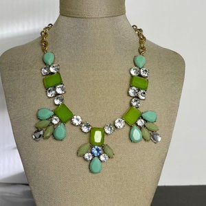 J Crew statement necklace. Greens & antique gold & diamonds. Adjustable length